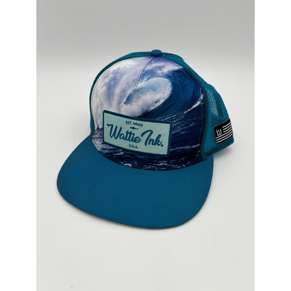 Wattie Ink USA Wave Trucker Hat Mesh Snapback‎ Teal Blue Surf Fishing